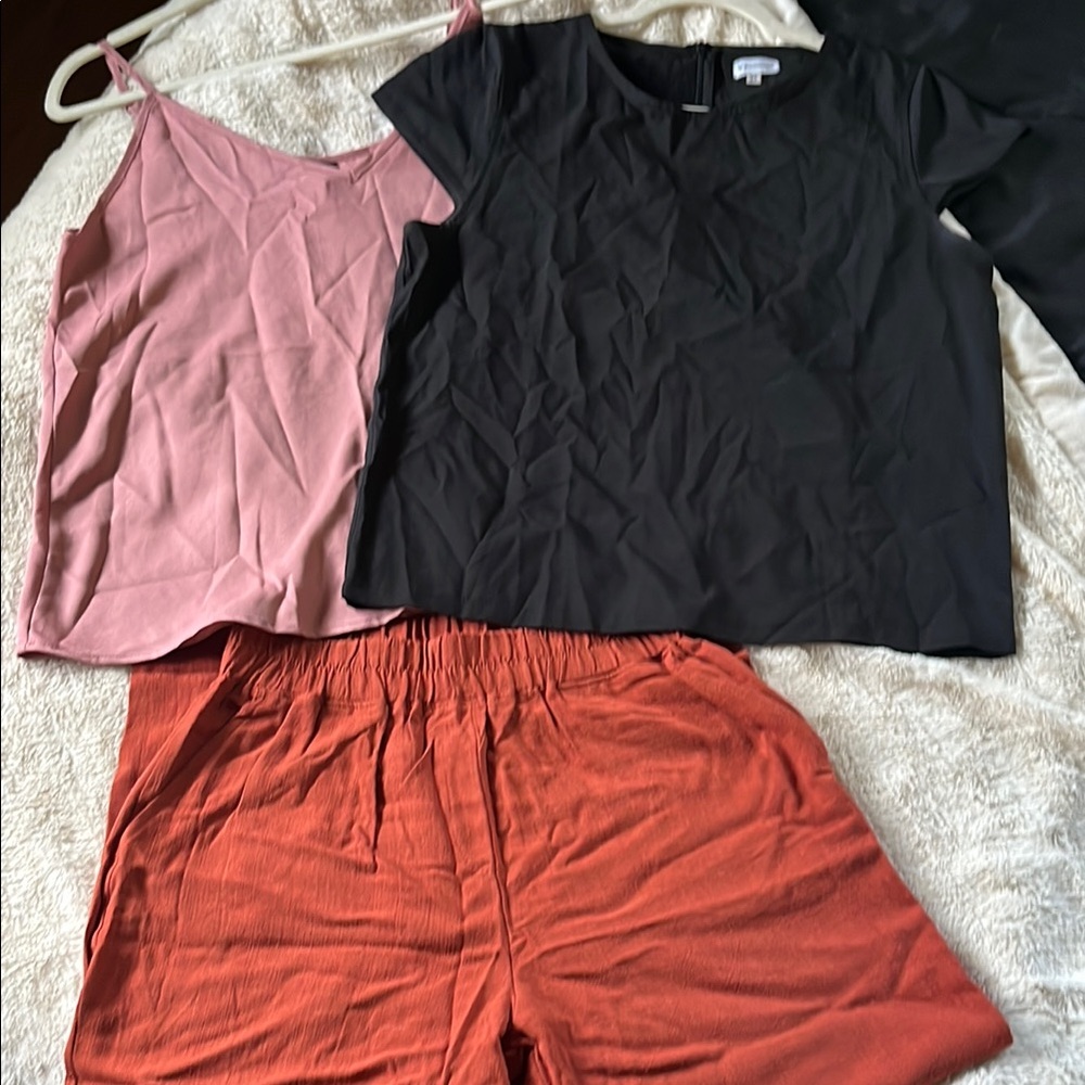 Black Top, Pink Tank, and Orange Rayon/Linen pants (rusty dark orange)